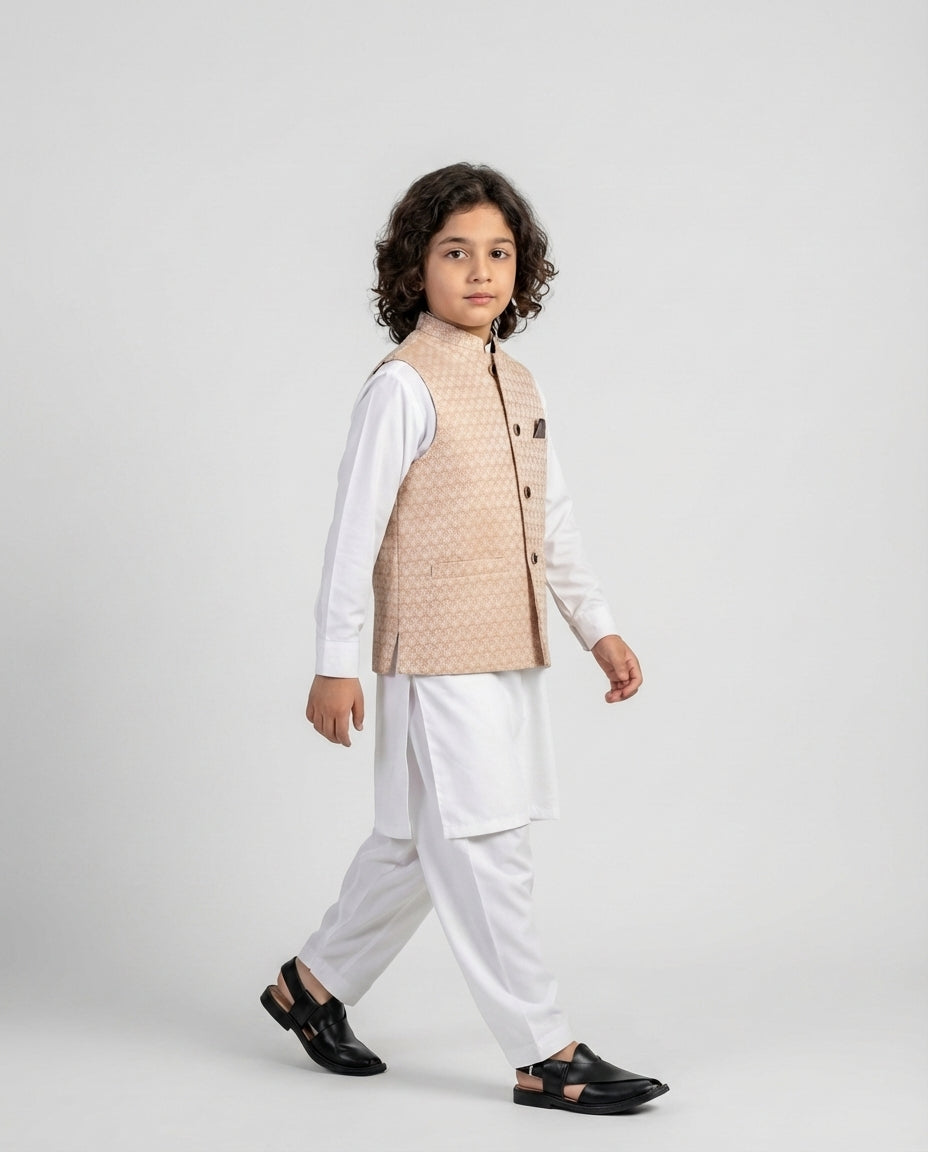 Boys camel textured waist coat earth tone — side view