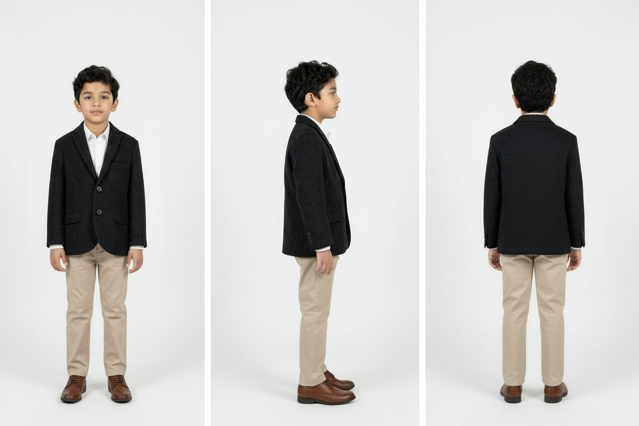 Three views of a boy wearing a black blazer, white shirt, beige pants, and brown shoes on a white background.