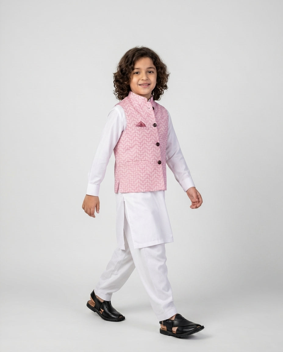 Boys light pink textured nehru waist coat — side view