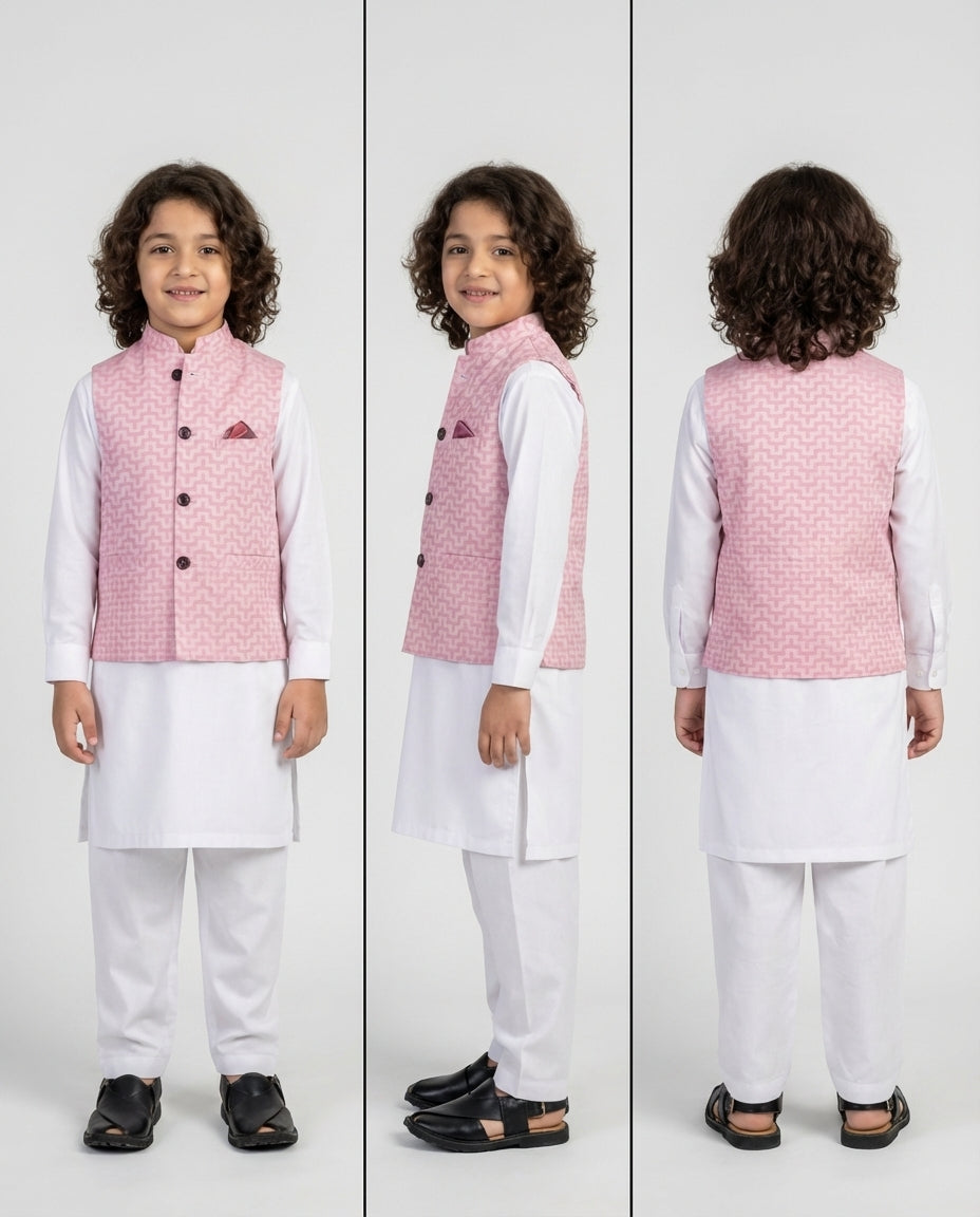 Boys light pink textured nehru waist coat — Eid styling