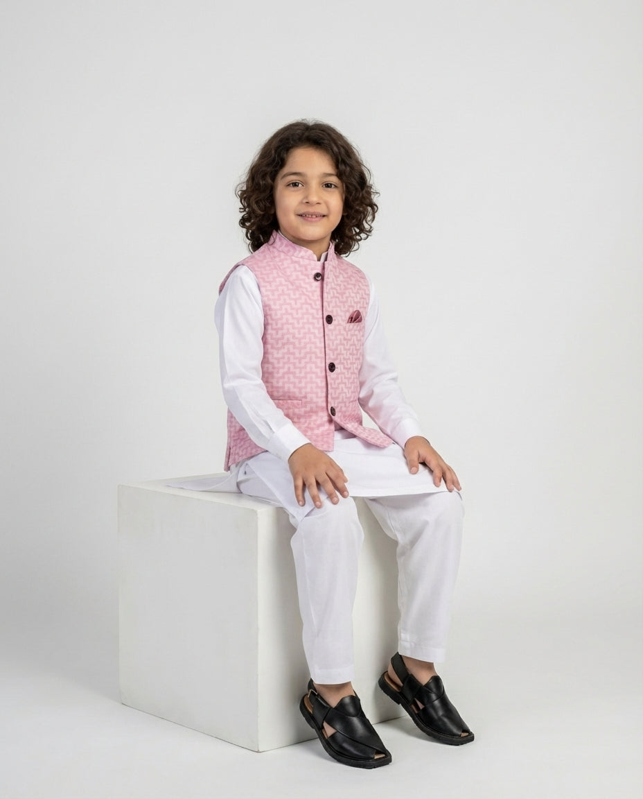 Boys light pink textured nehru waist coat — fabric detail