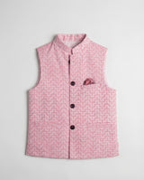 Boys light pink textured nehru waist coat — front view