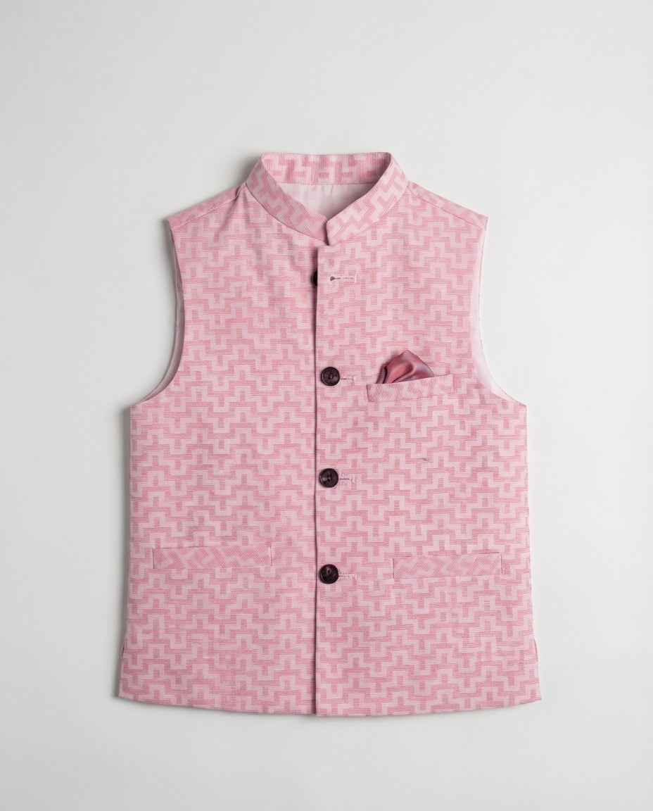 Boys light pink textured nehru waist coat — front view