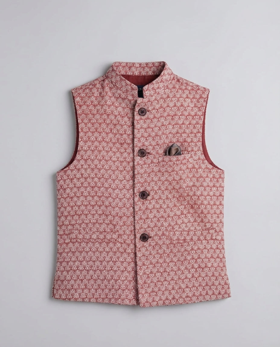 Boys maroon textured waist coat rich tone — front view