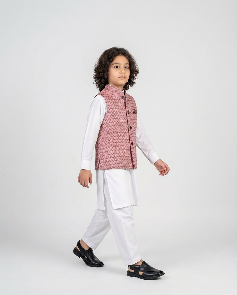 Boys maroon textured waist coat rich tone — side view