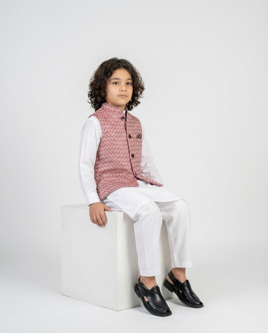 Boys maroon textured waist coat rich tone — fabric detail
