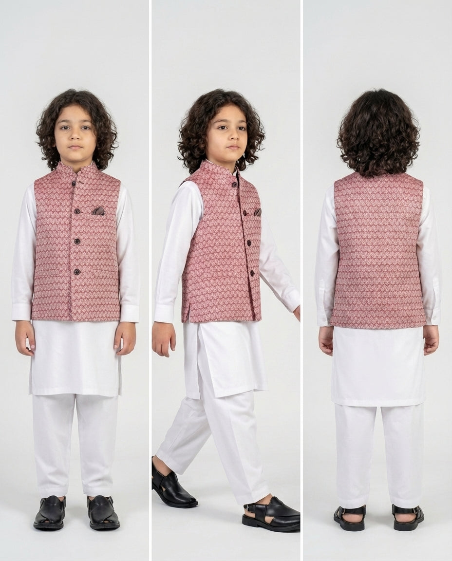 Boys maroon textured waist coat rich tone — Eid styling