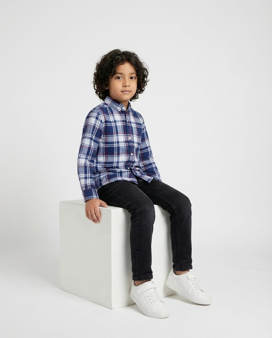 Navy Tartan Buttoned Shirt for Boys — Casual Shirts for Boys — View 3 | Little Giants