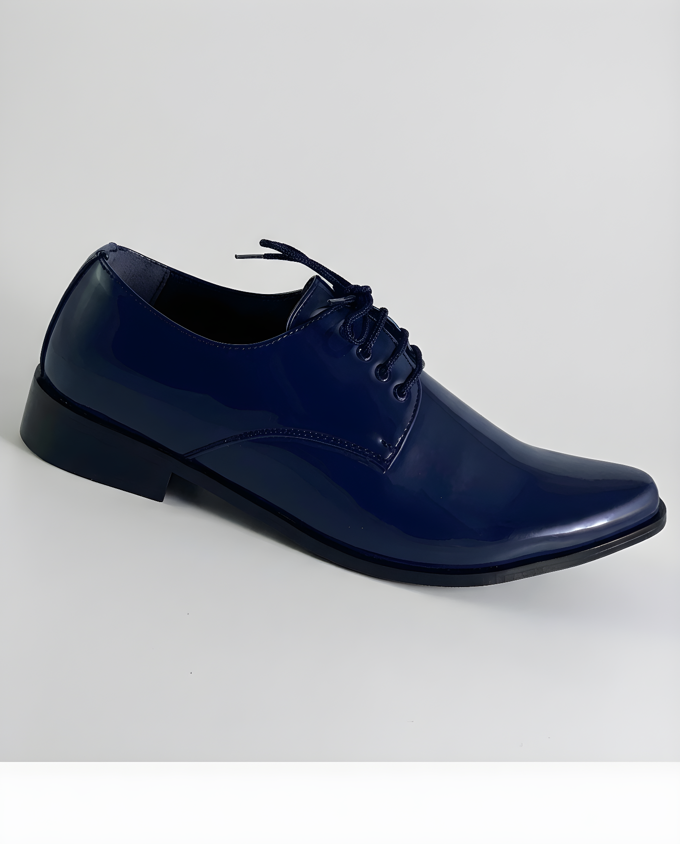 Boys navy patent derby shoe — toe detail