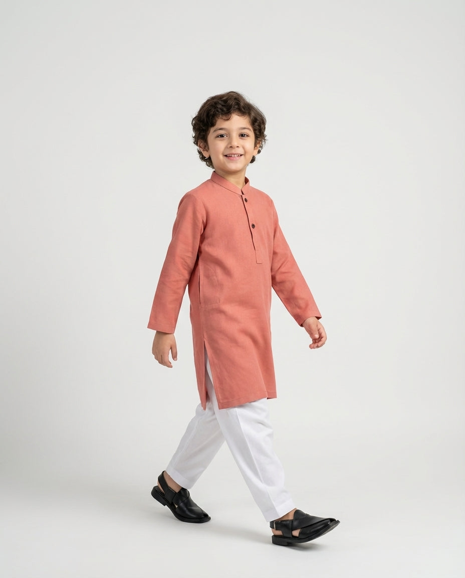Boys terracotta band collar kurta earth tone — front view