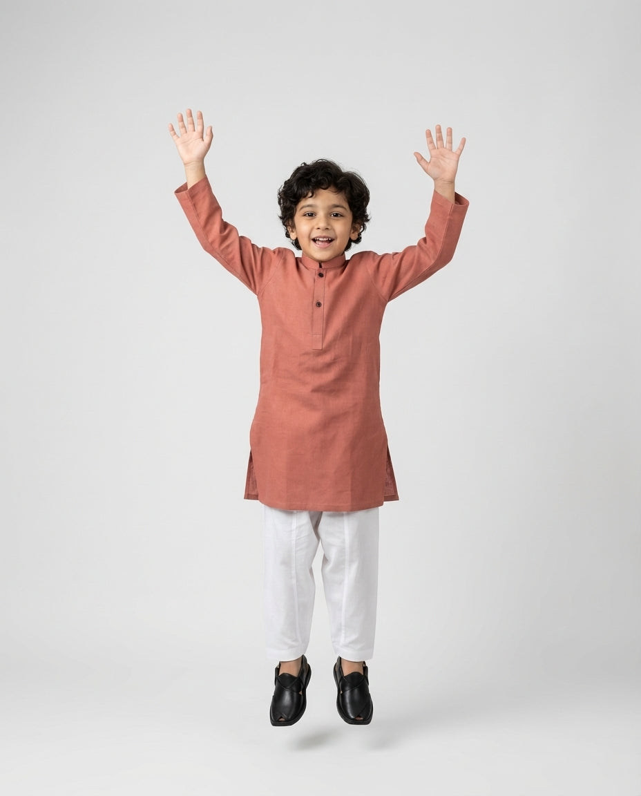 Boys terracotta band collar kurta earth tone — side view
