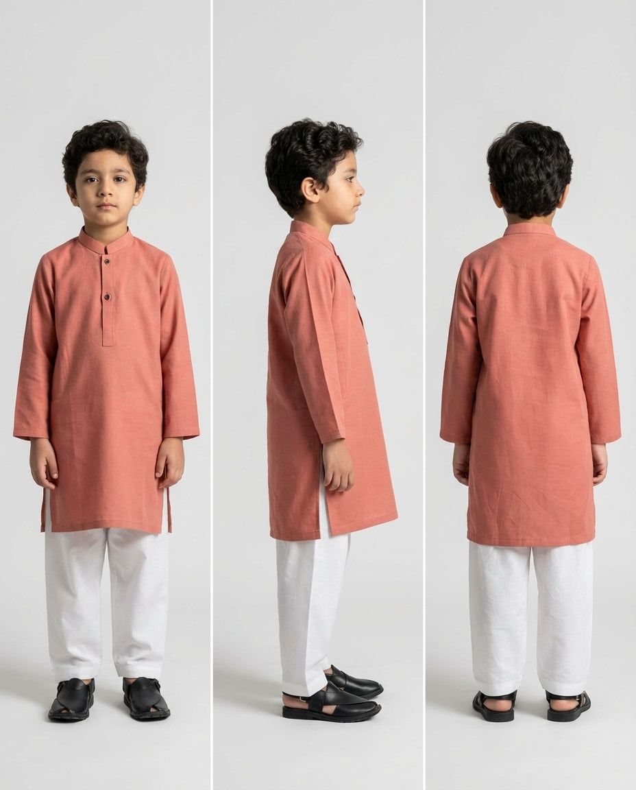 Boys terracotta band collar kurta earth tone — collar detail