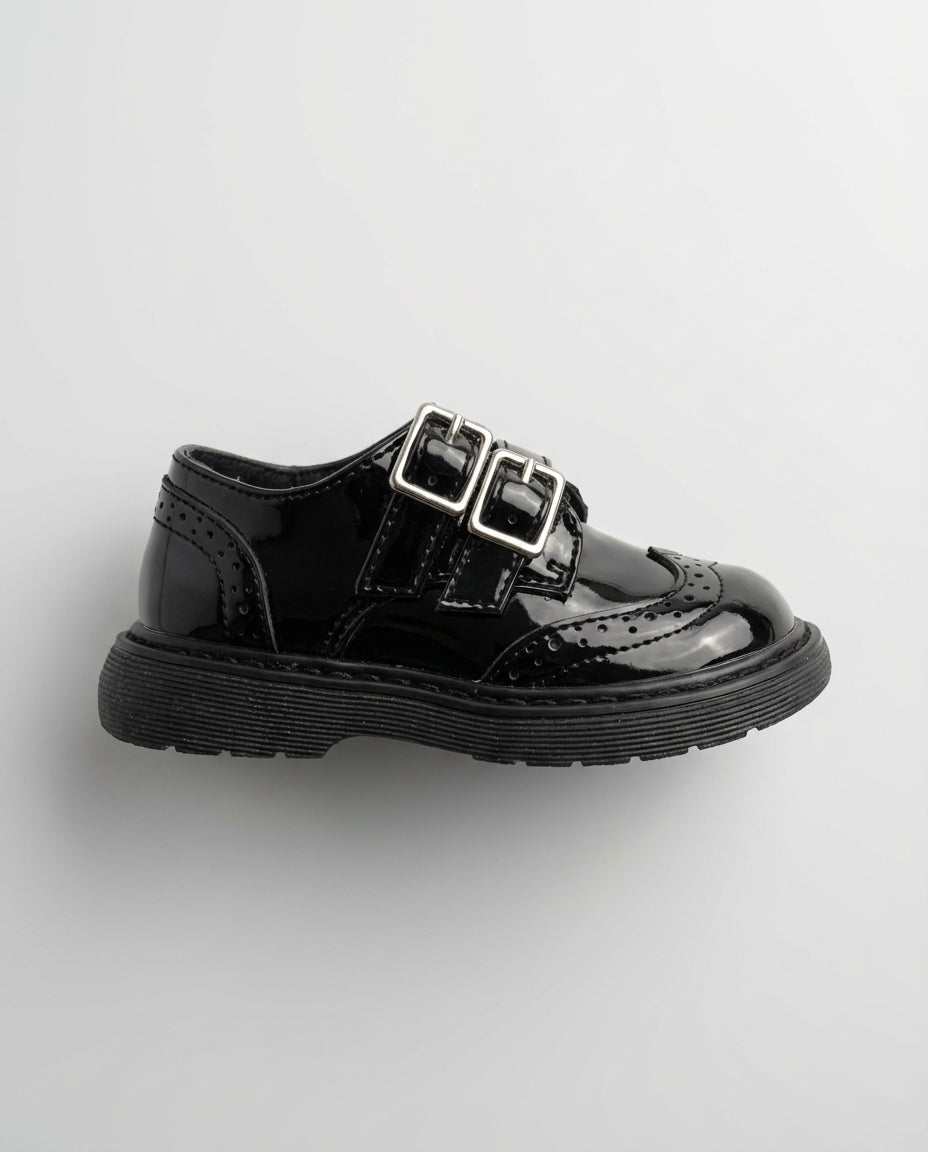 Boys glossy black patent monk shoe — front view
