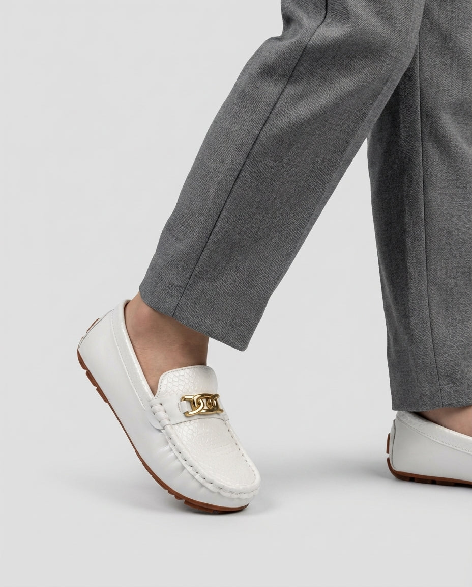 Boys white python embossed leather loafer — side profile