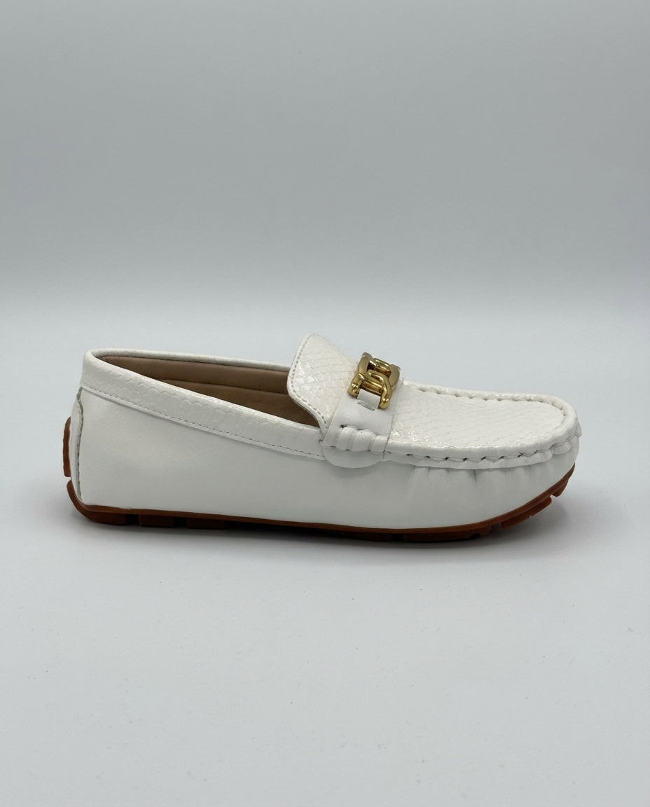 Boys white python embossed leather loafer — front view