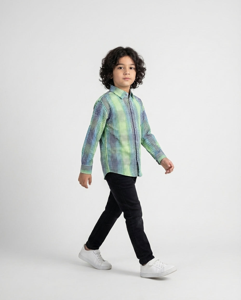 Vibrant Green Blue Gingham Shirt for Boys — Casual Shirts for Boys — View 2 | Little Giants