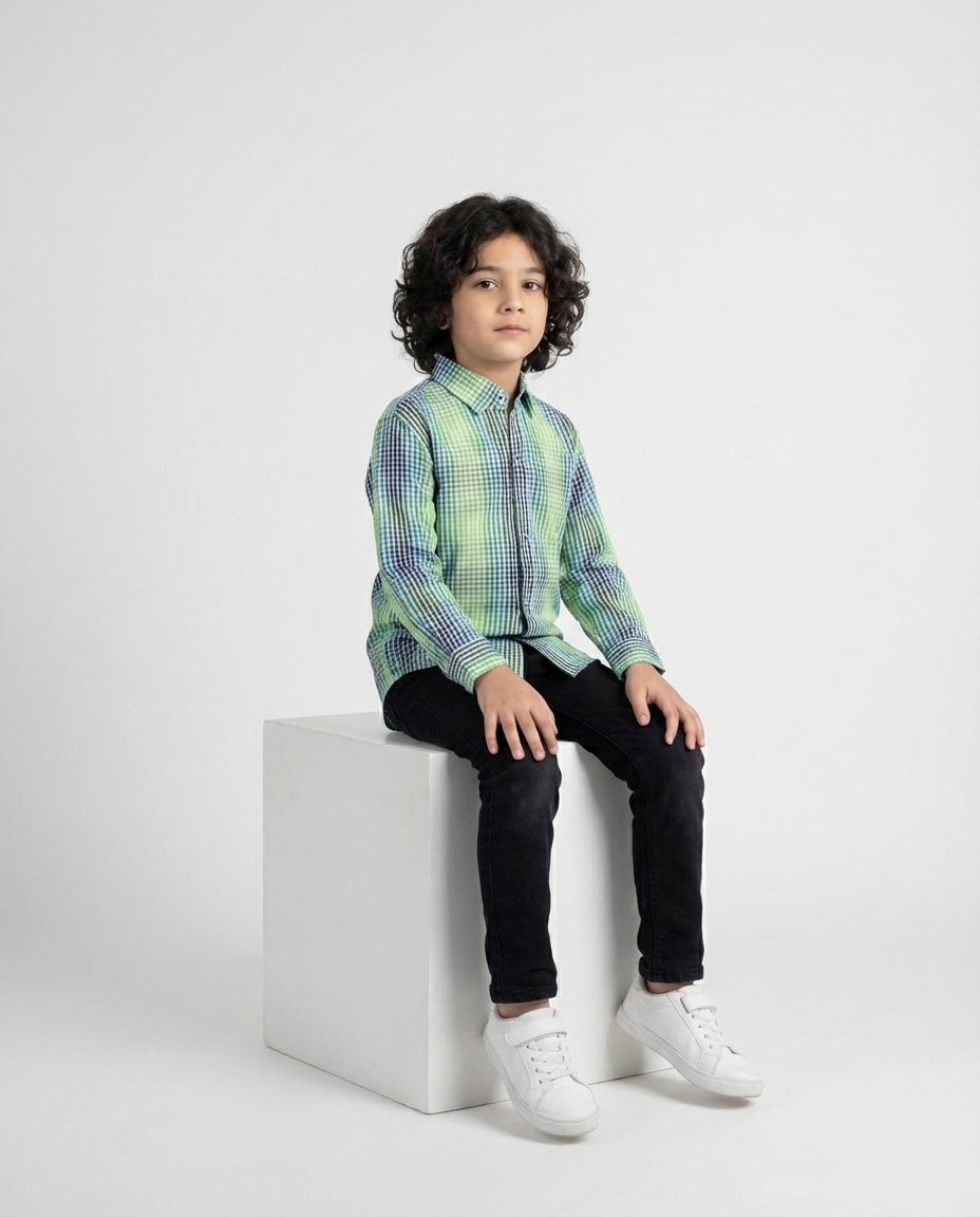 Vibrant Green Blue Gingham Shirt for Boys — Casual Shirts for Boys — View 3 | Little Giants