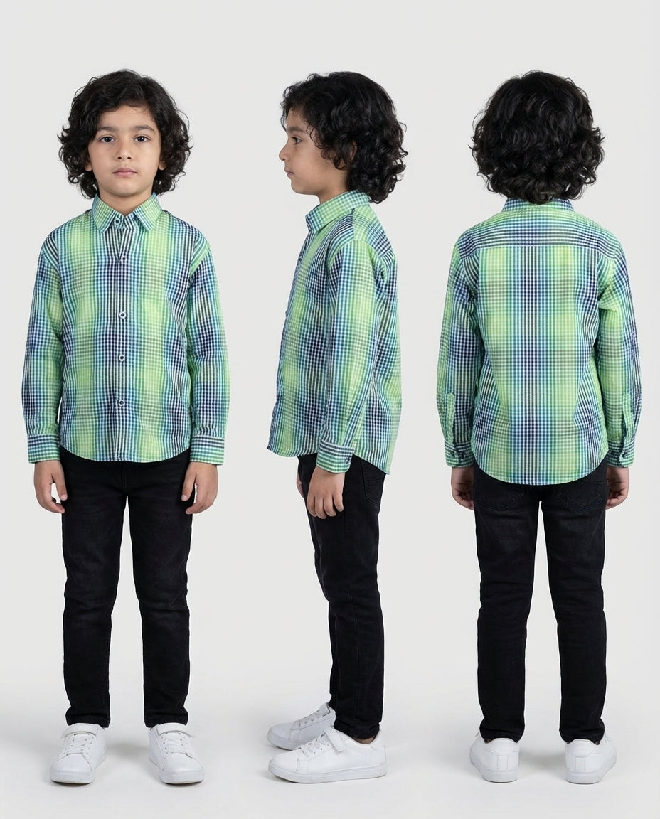 Vibrant Green Blue Gingham Shirt for Boys — Casual Shirts for Boys — View 4 | Little Giants