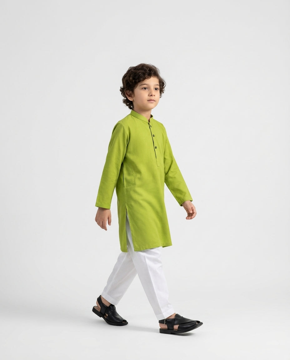 Boys zesty lime green mandarin collar kurta — front view