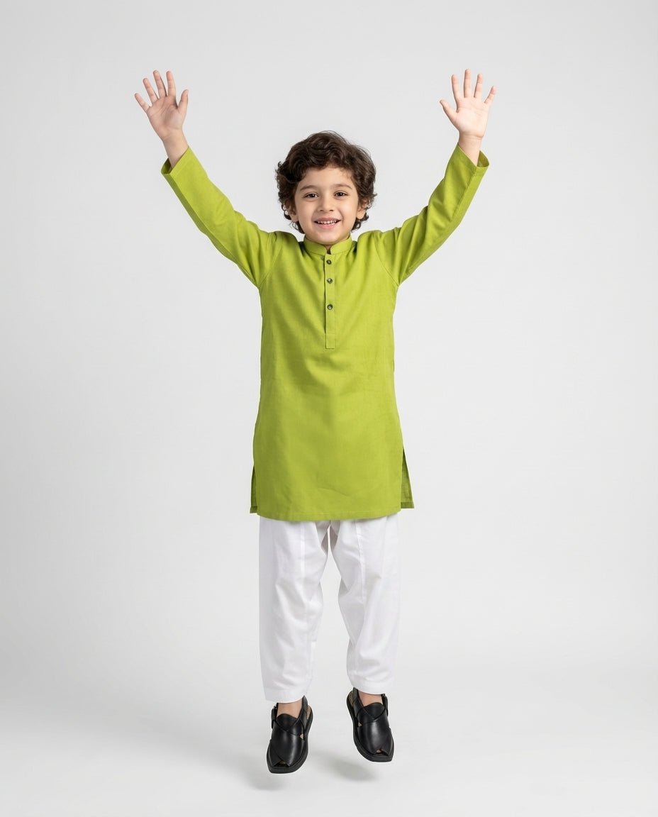 Boys zesty lime green mandarin collar kurta — side view