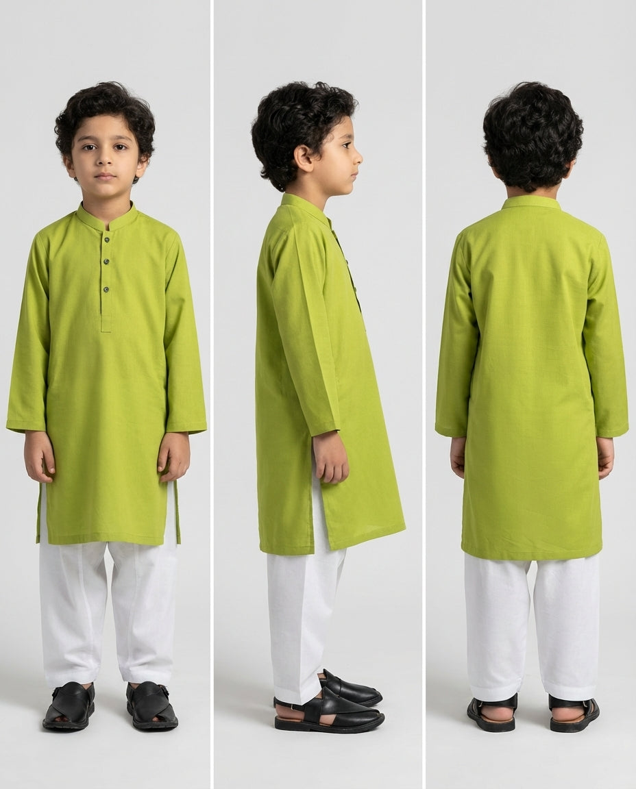Boys zesty lime green mandarin collar kurta — collar detail