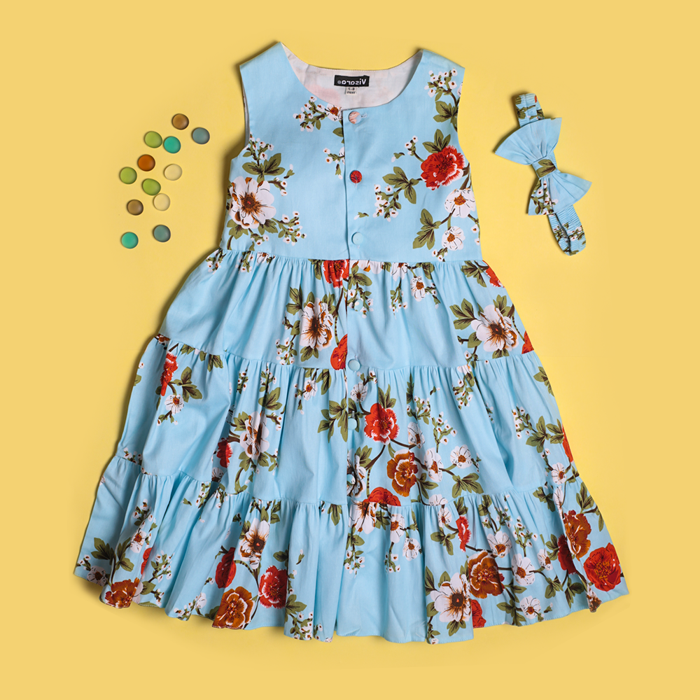 Sky Blue Casual Frock girls casual frock front view — Little Giants