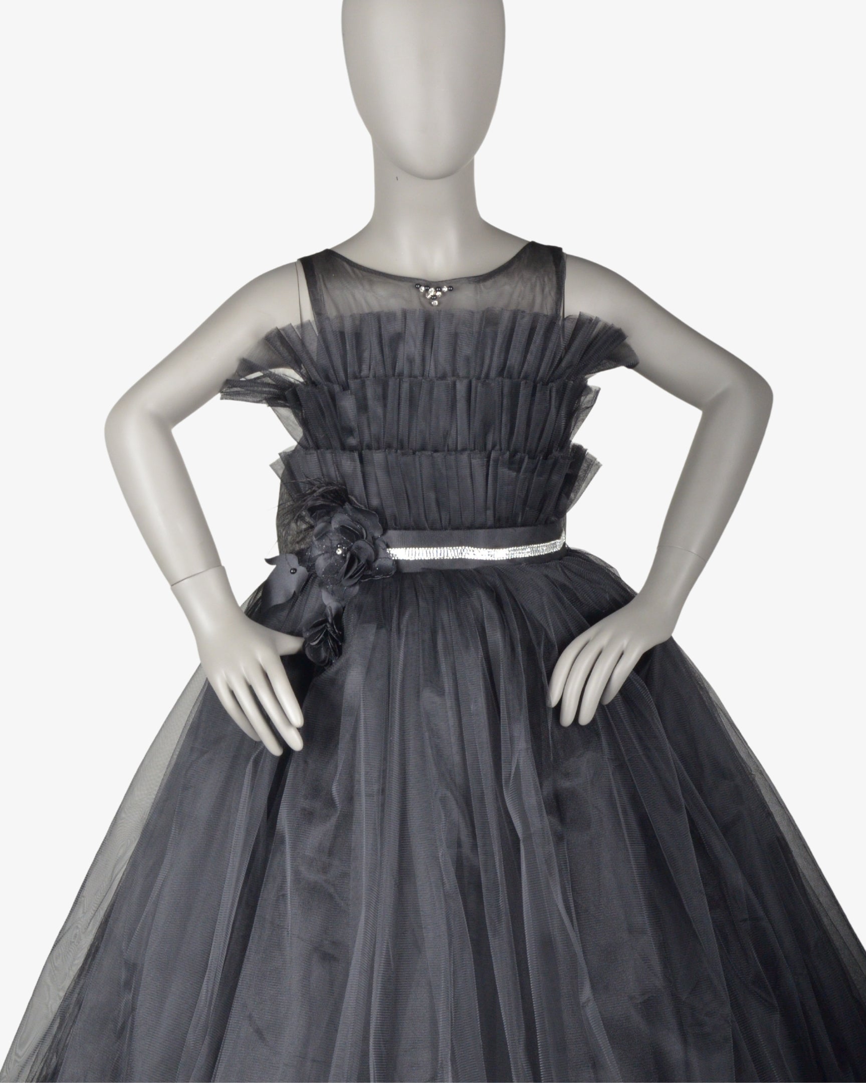 Dark Grey Flamingo Dress girls party frock front view — Little Giants