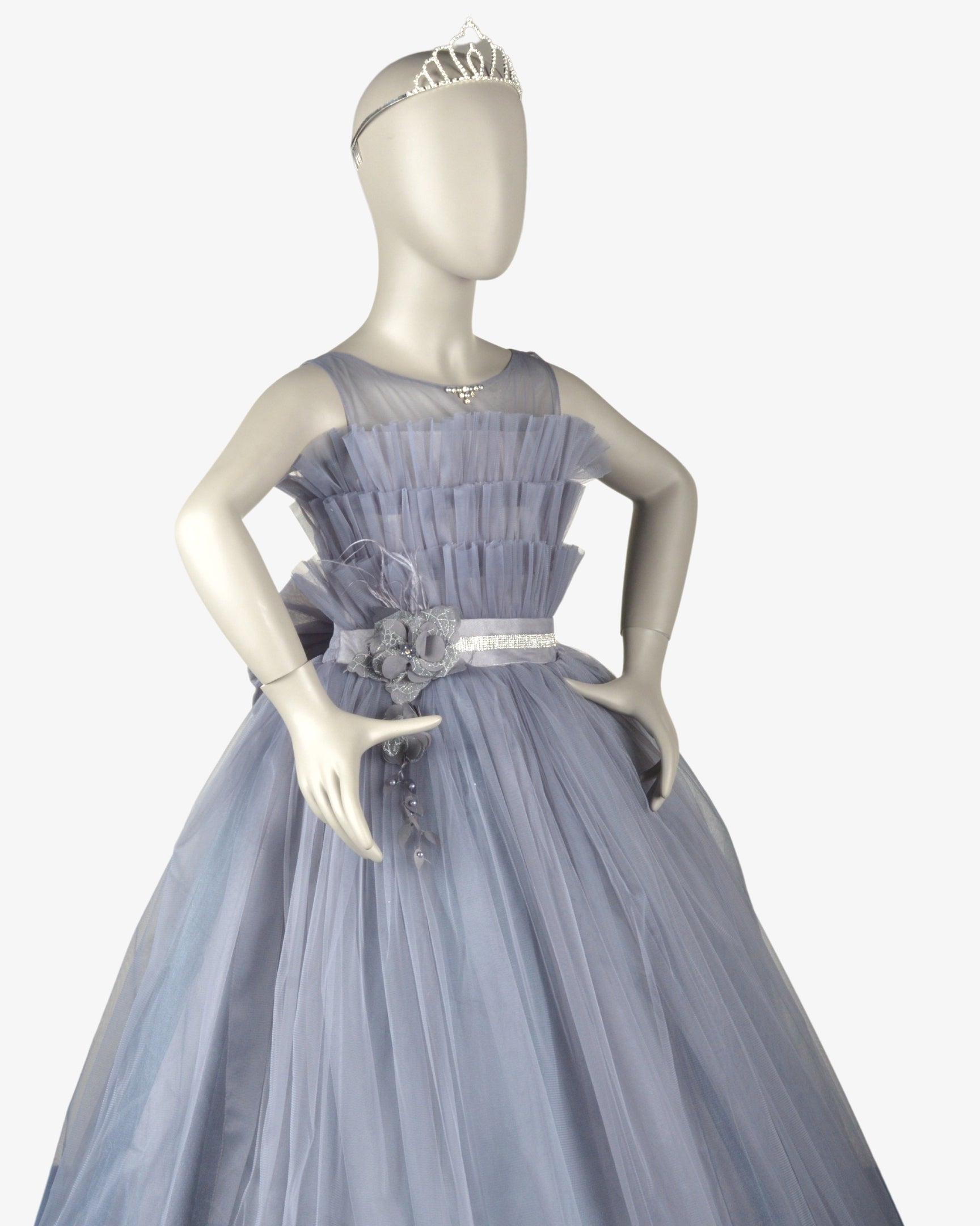 Light Grey Flamingo Dress girls party frock front view — Little Giants
