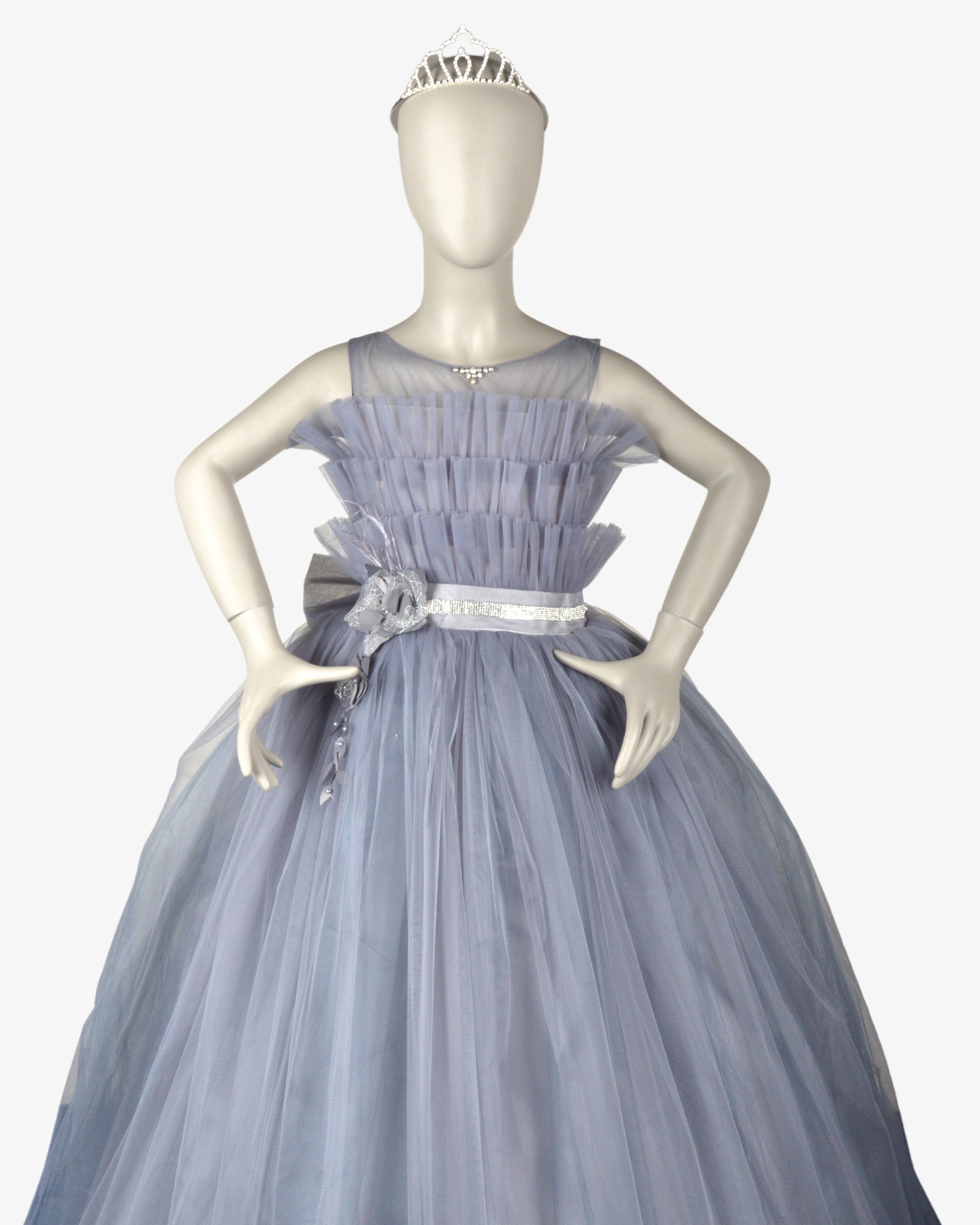 Light Grey Flamingo Dress girls party frock side profile — Little Giants