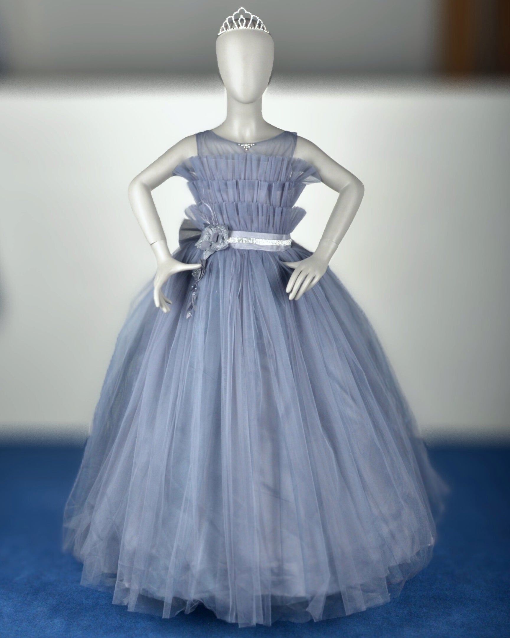 Light Grey Flamingo Dress girls party frock three-quarter angle — Little Giants