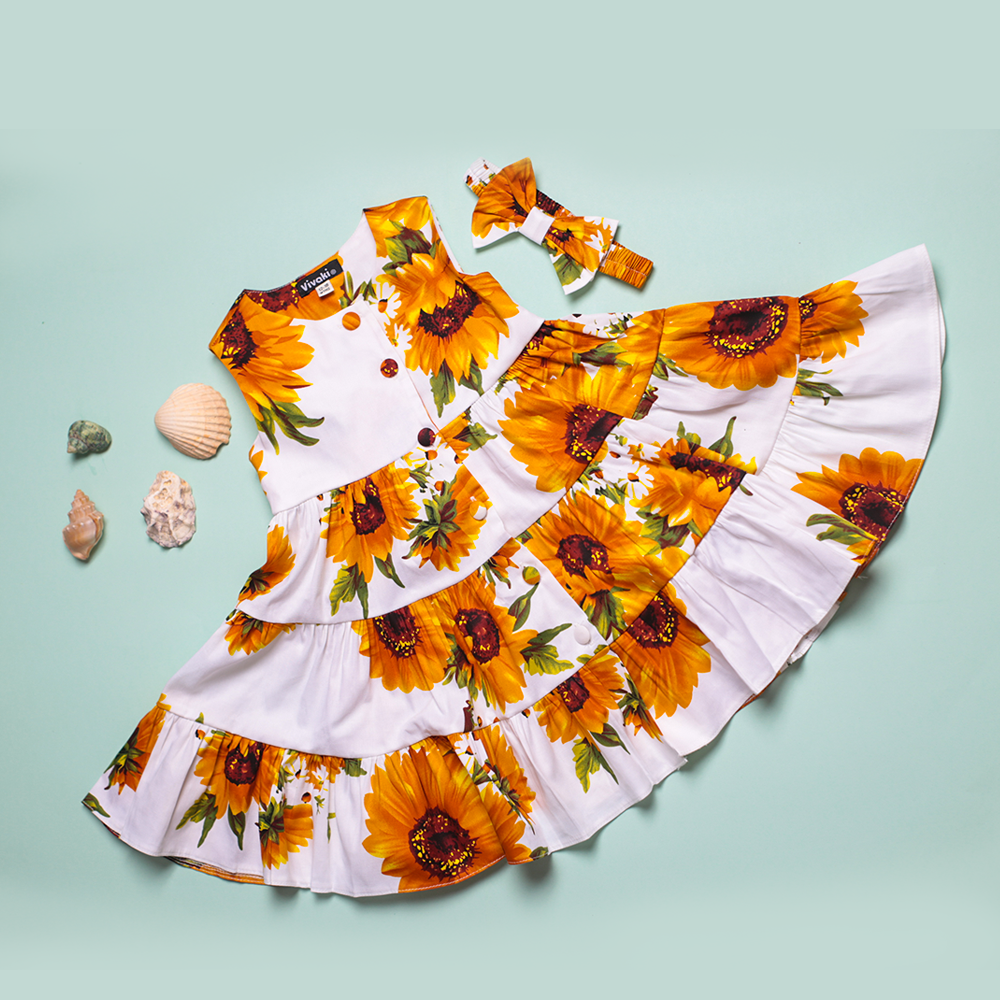 White Sunflower Casual Frock girls casual frock front view — Little Giants
