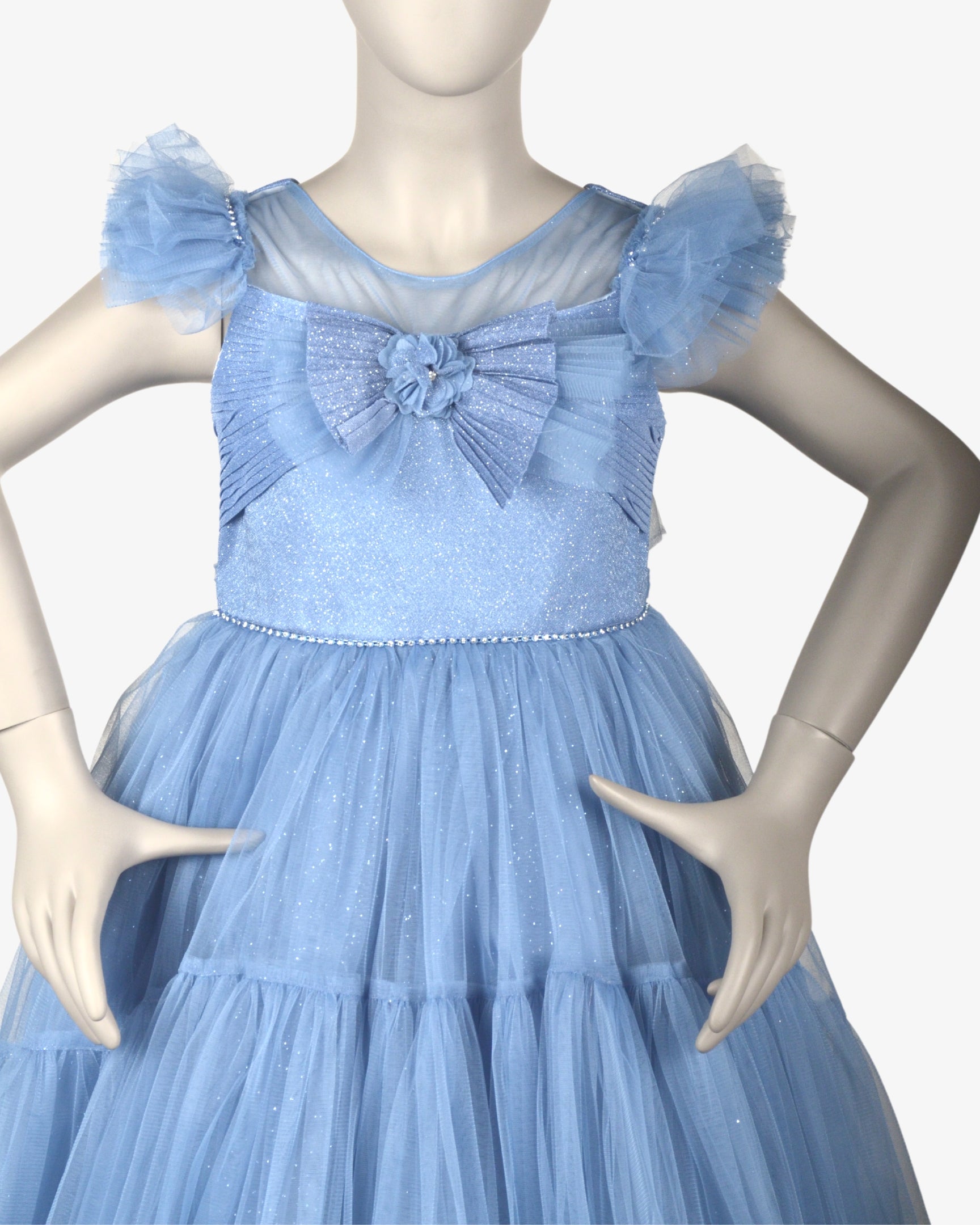 Baby Blue Floral Tail Dress girls party frock full length — Little Giants