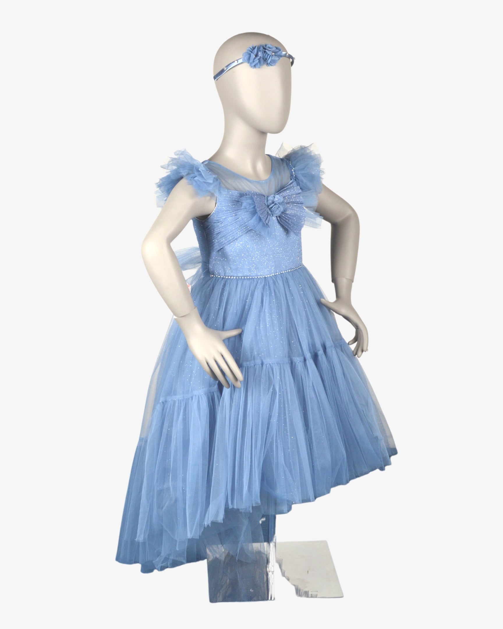 Baby Blue Floral Tail Dress girls party frock side profile — Little Giants