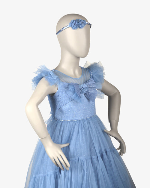 Baby Blue Floral Tail Dress girls party frock front view — Little Giants