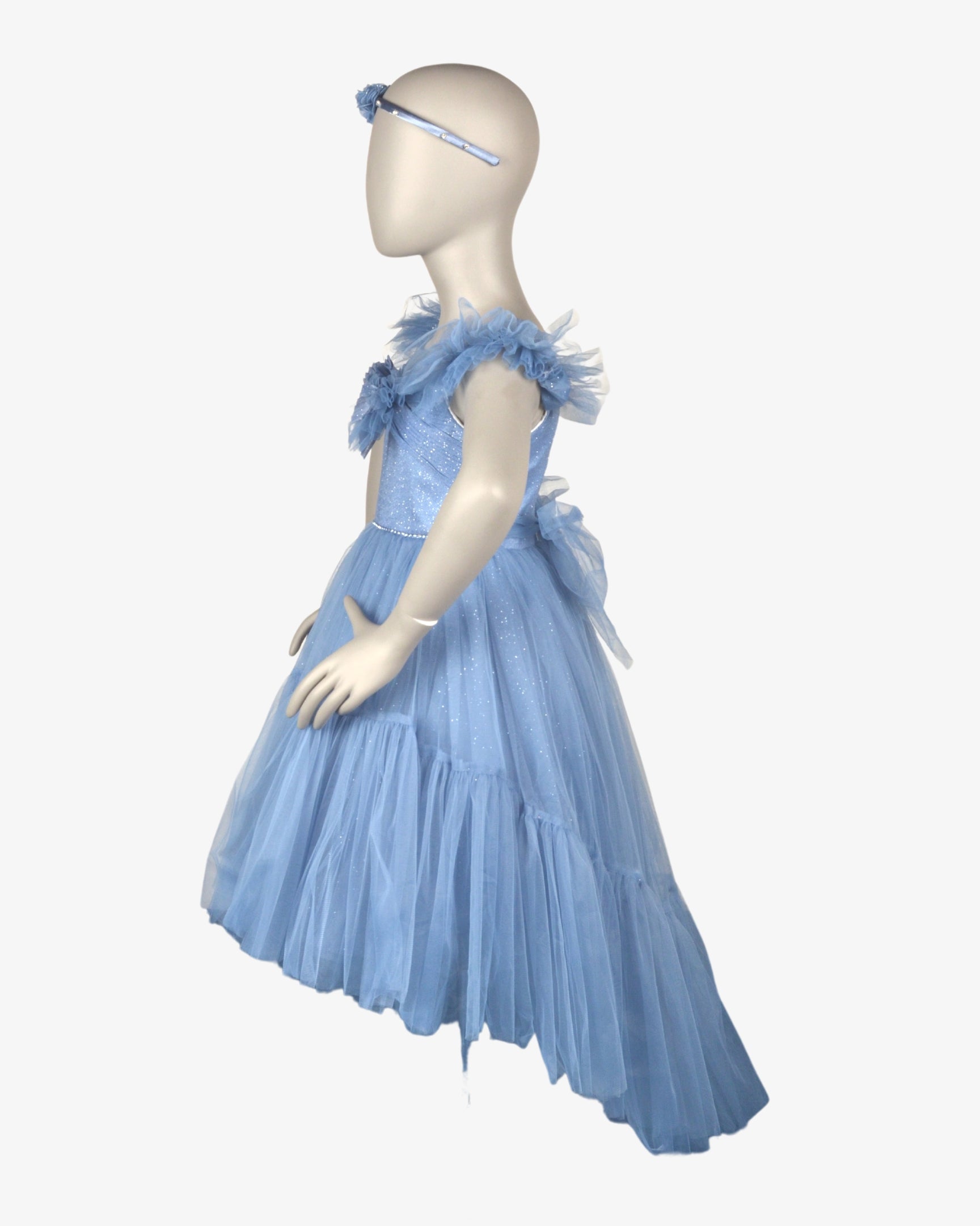 Baby Blue Floral Tail Dress girls party frock three-quarter angle — Little Giants