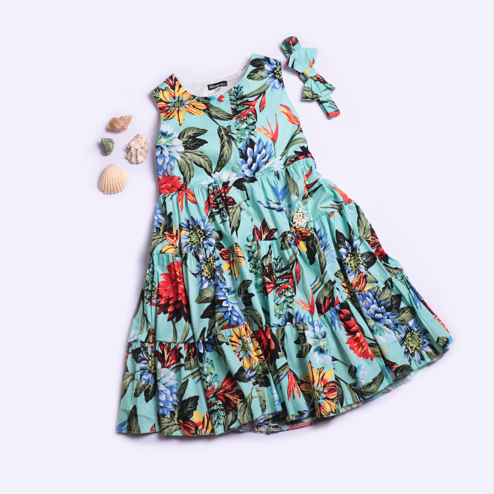 Cyan Floral Casual Frock girls casual frock front view — Little Giants
