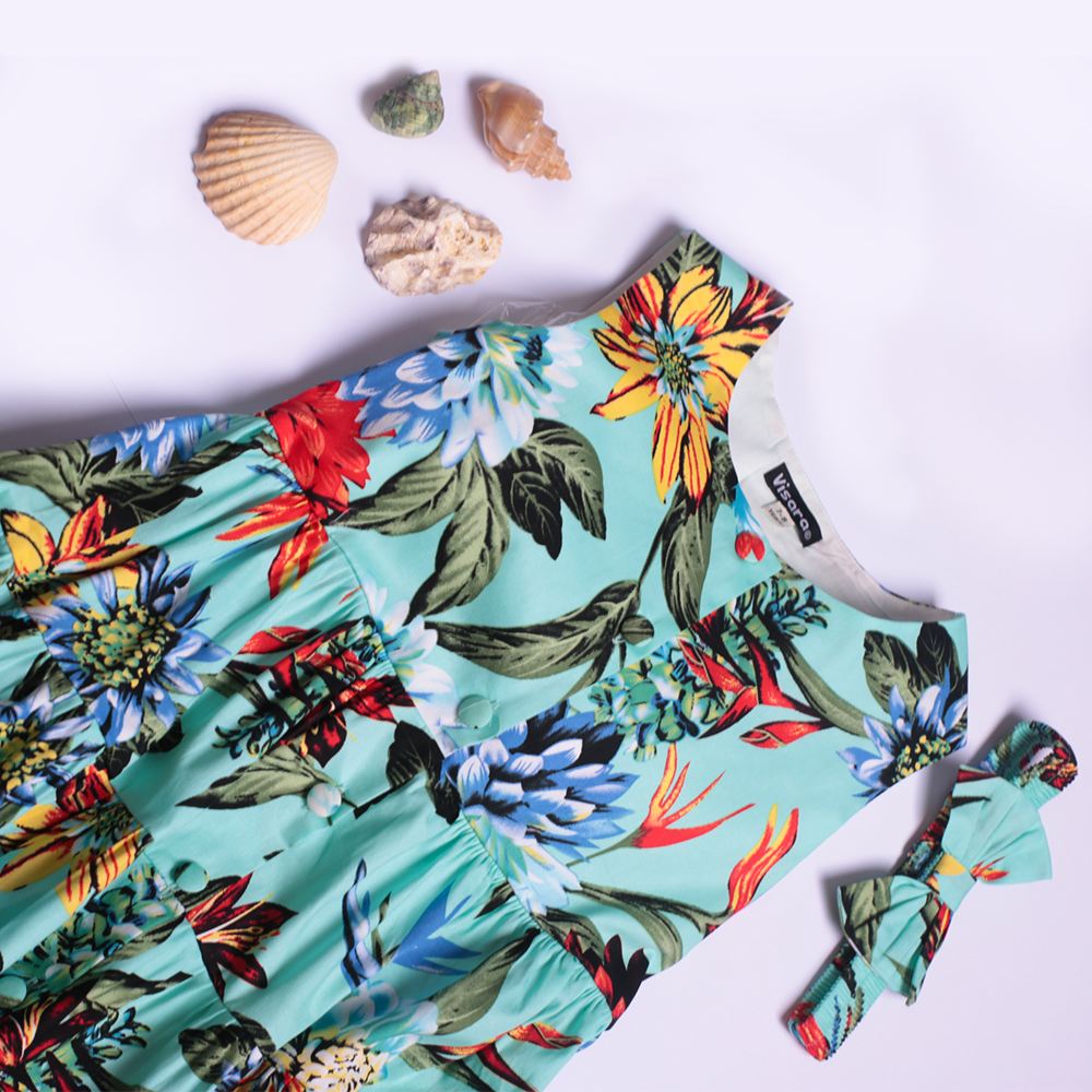 Cyan Floral Casual Frock girls casual frock side profile — Little Giants