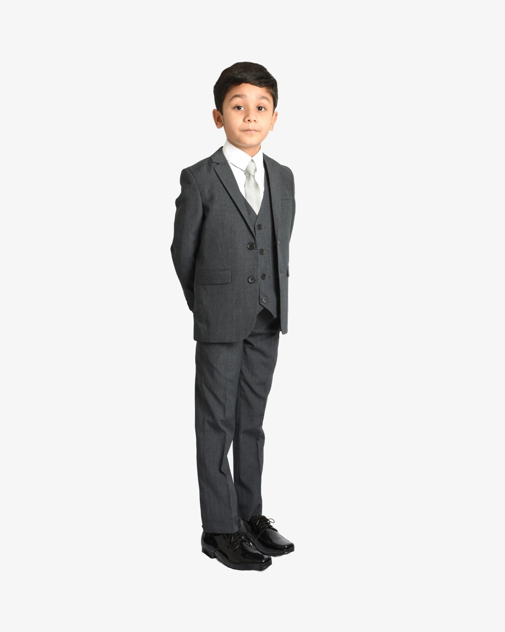 Grey Textured 5-Piece Suit for Boys — Formal Wear for Boys | Little Giants