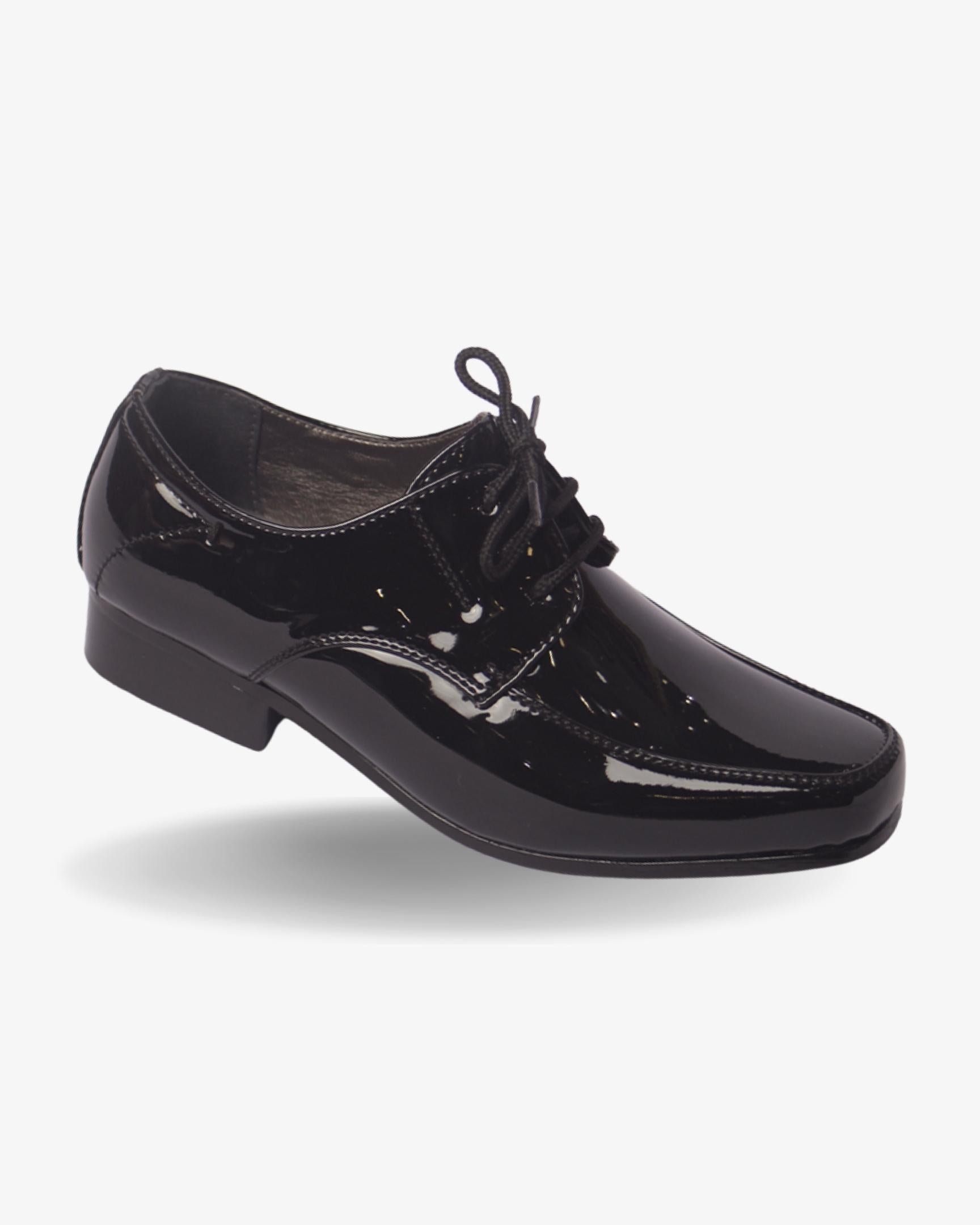 Boys classic black patent derby shoe — three-quarter angle