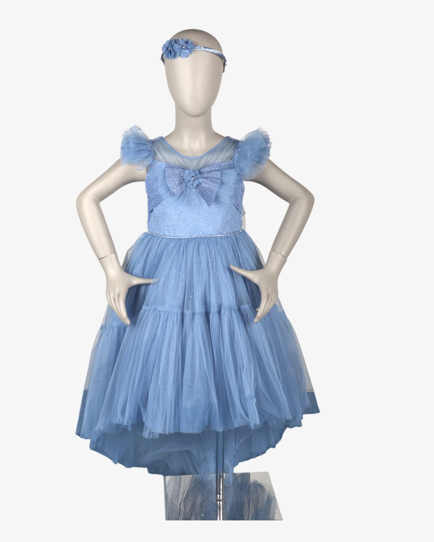Baby Blue Floral Tail Dress girls party frock fabric detail — Little Giants