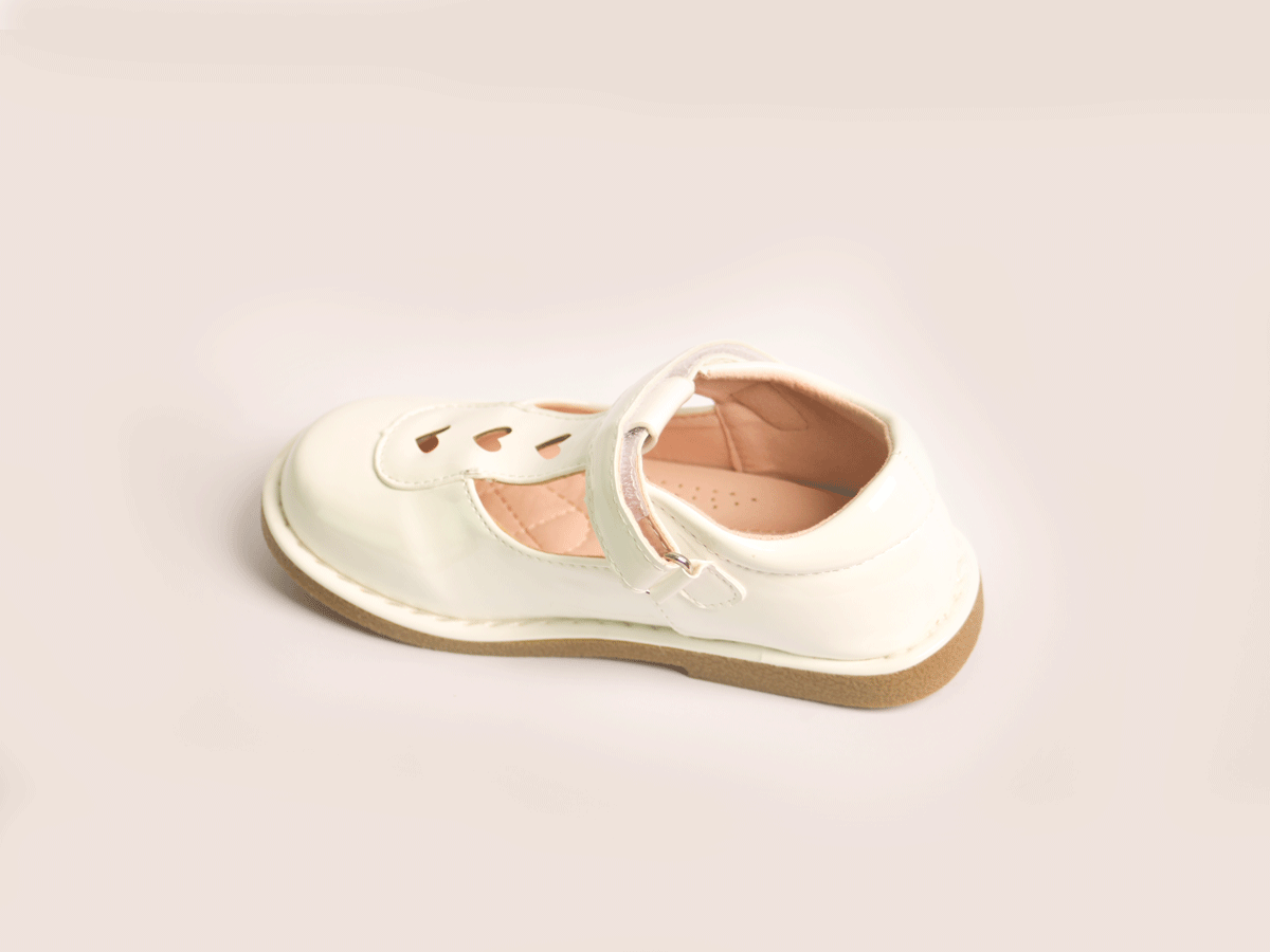 White Heart Strap Shoe girls shoe sole view — Little Giants