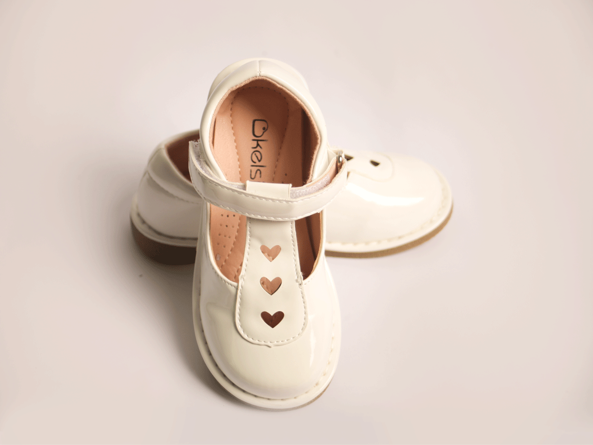 White Heart Strap Shoe girls shoe side profile — Little Giants