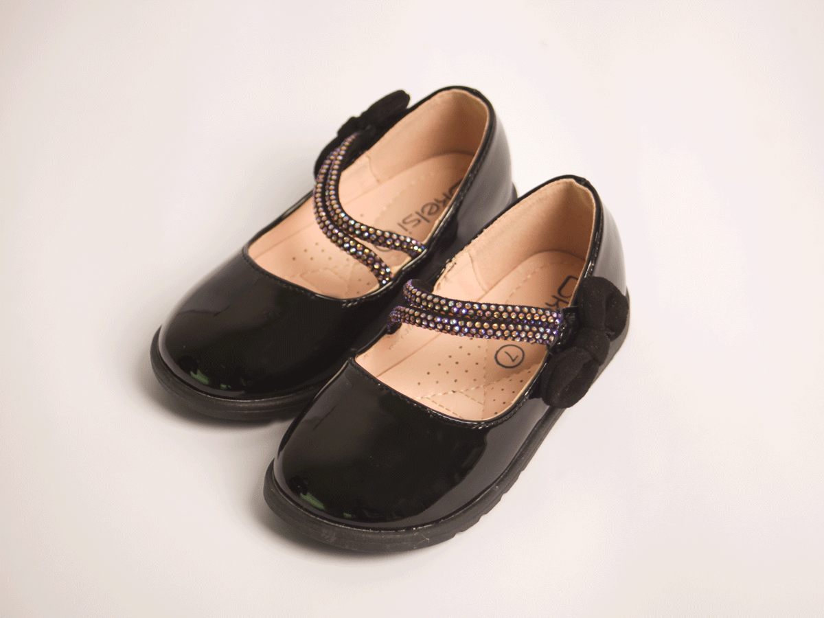 Black Multicolor Strap Shoe girls shoe sole view — Little Giants