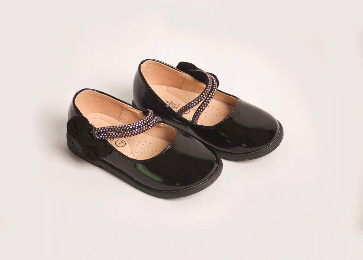 Black Multicolor Strap Shoe girls shoe three-quarter angle — Little Giants